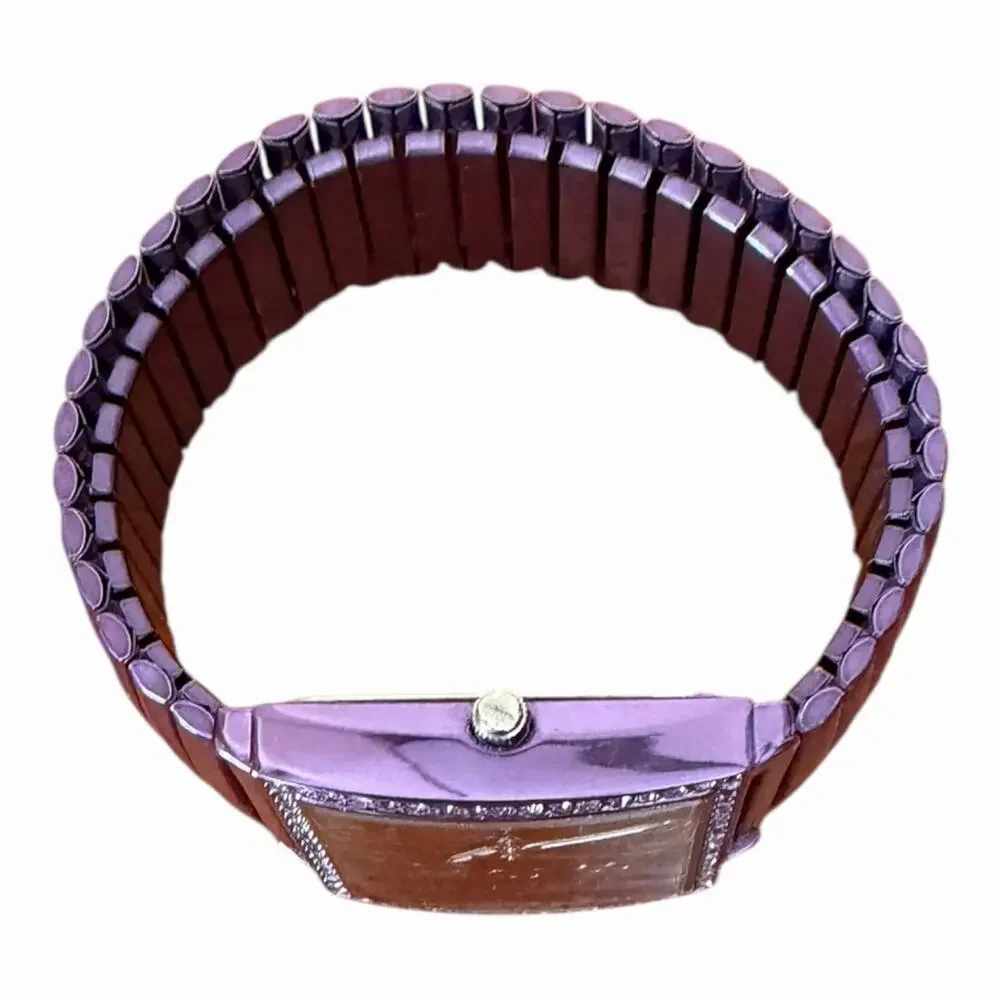 Avon Metallic Purple Stretch Band Rhinestone Bracelet Watch Rectangular Quartz
